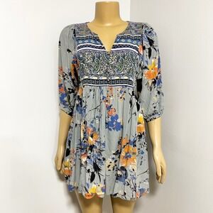 Umgee Womens Grey Floral Paisley Mixed Print Boho Babydoll Tunic Top Medium
